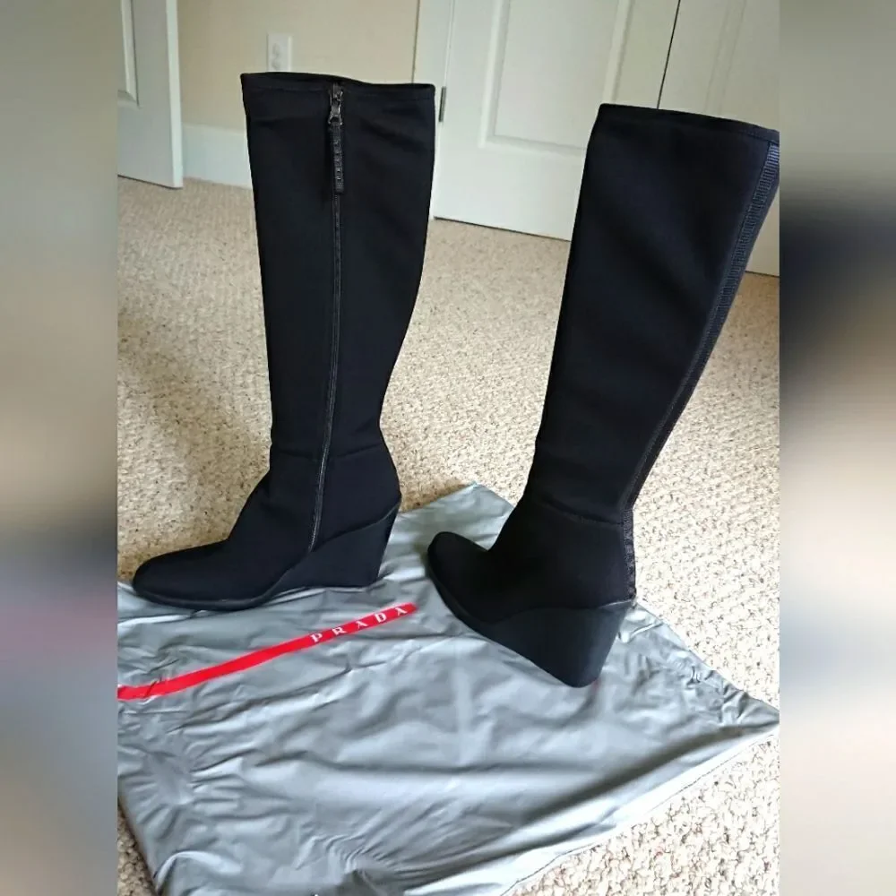 Prada black silk Radzmire fabric sporty knee high wedge boots size 6